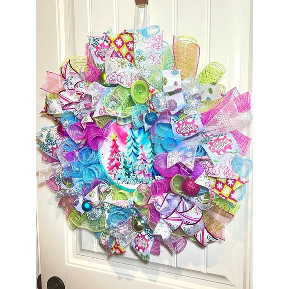 Handmade Bright Merry Christmas Holiday Ribbon Door Wreath 22 ins W52 Pink Blue - Picture 4 of 13